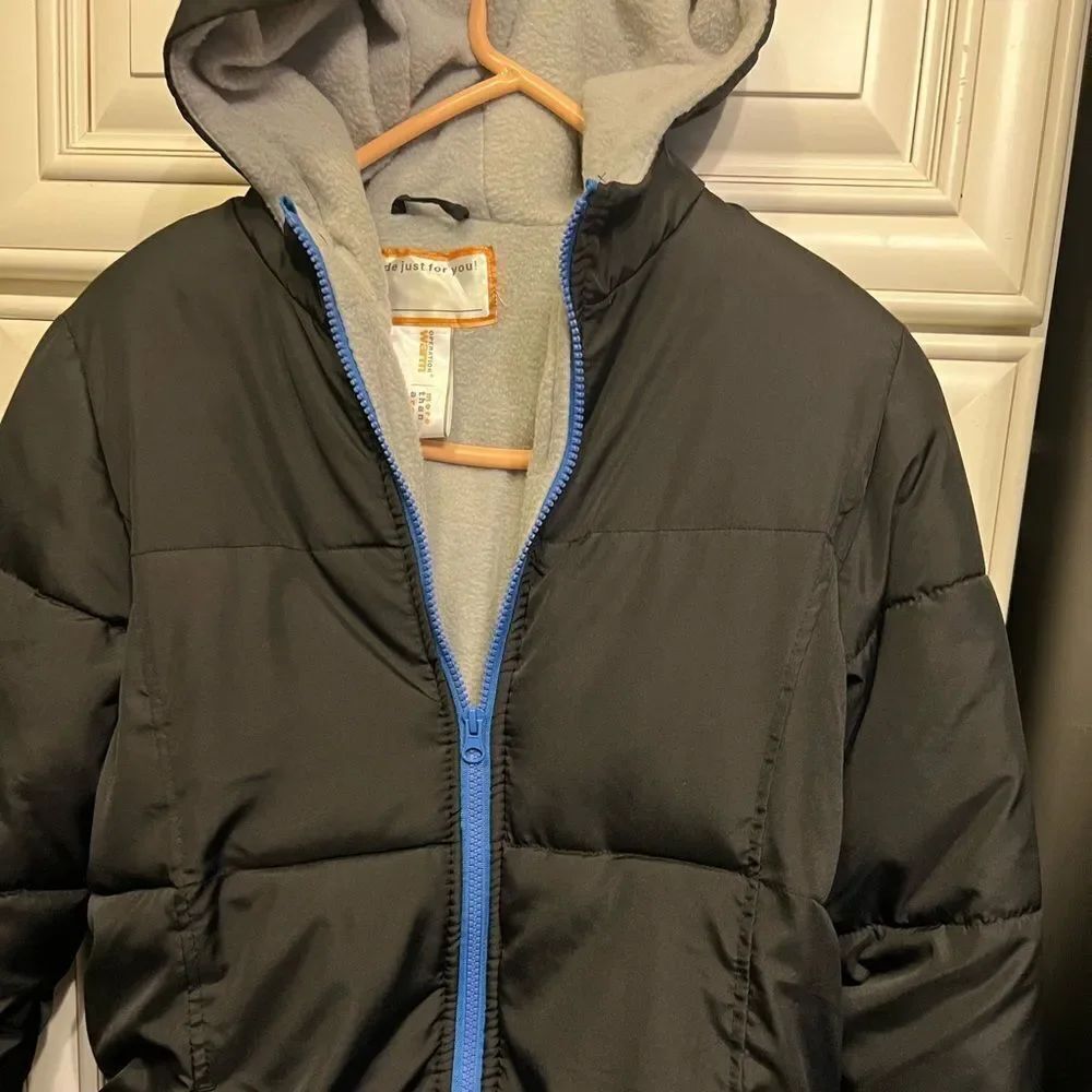 Operation Warm Boys Puffer Parka Coat Fleece Hood Jacket Black Blue 14 16 XL EUC